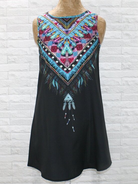 None Dresses & Skirts - Dress Sleeveless Graphic Feather Print Colorful Shift Summer Lightweight SM
